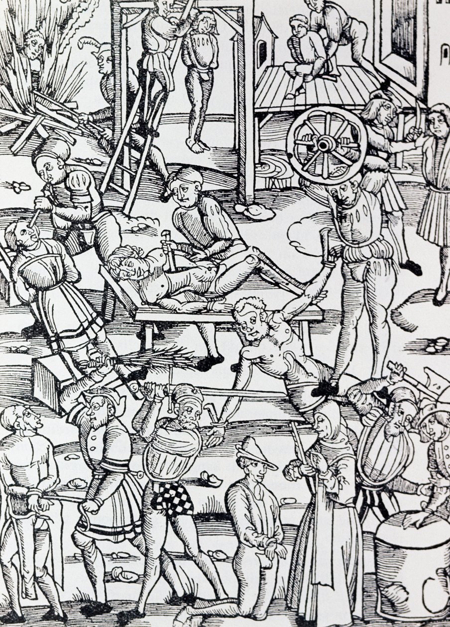 Verschiedene Formen der Bestrafung in Deutschland im Jahr 1500 für verschiedene Verbrechen, Gravur, Deutschland von German School