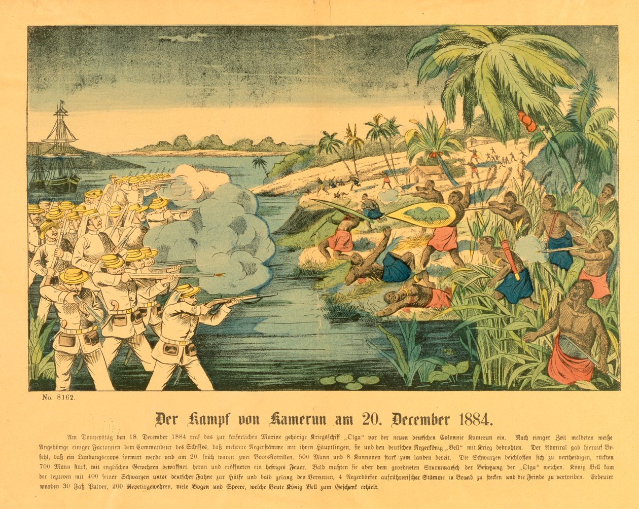 Duala-Aufstand in Deutsch-Kamerun, mit der SMS Olga im Hintergrund, 20. Dezember 1884 von German School