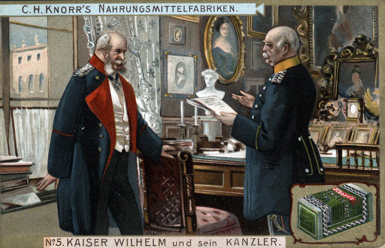 Kaiser Wilhelm I. von Deutschland und Preußen (1797-1888) und Kanzler Otto von Bismarck (1815-1898) diskutieren politische Fragen. Chromolithographie, späte 19. Jahrhundert. von German School