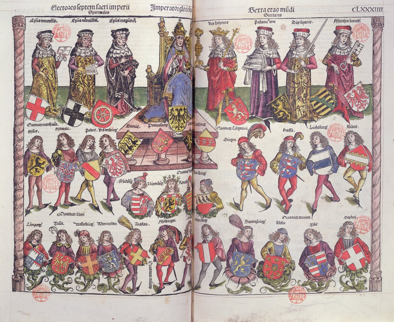 Kaiser und Kurfürsten des Heiligen Römischen Reiches mit vierundzwanzig deutschen Adligen, die ihre Wappen präsentieren von German School