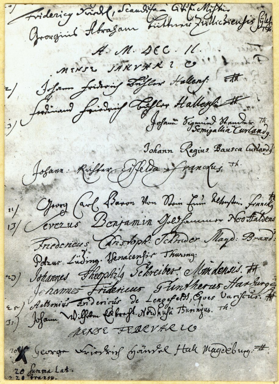 Eintrag in den Universitätsakten von Halle, mit Händels Namen, 1702 von German School
