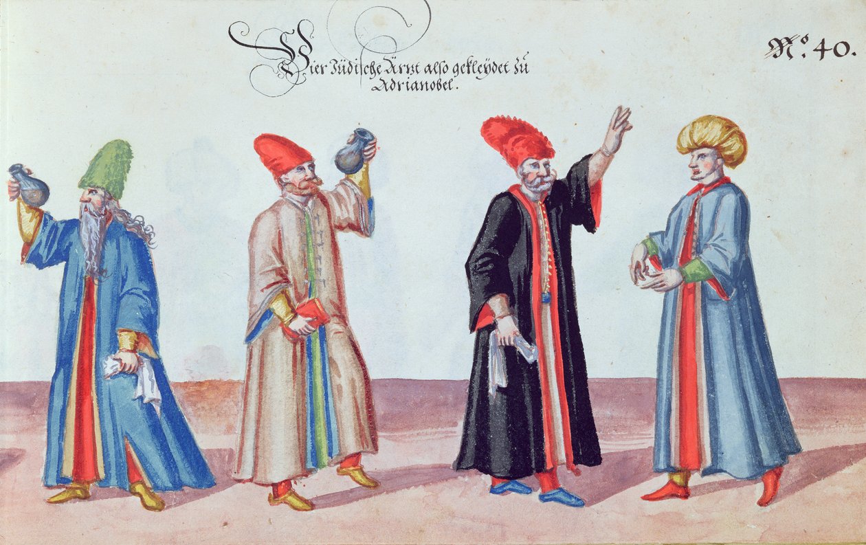 Vier jüdische Ärzte aus Adrianopel, Türkei, ca. 1600 (Aquarell auf Papier) von German School