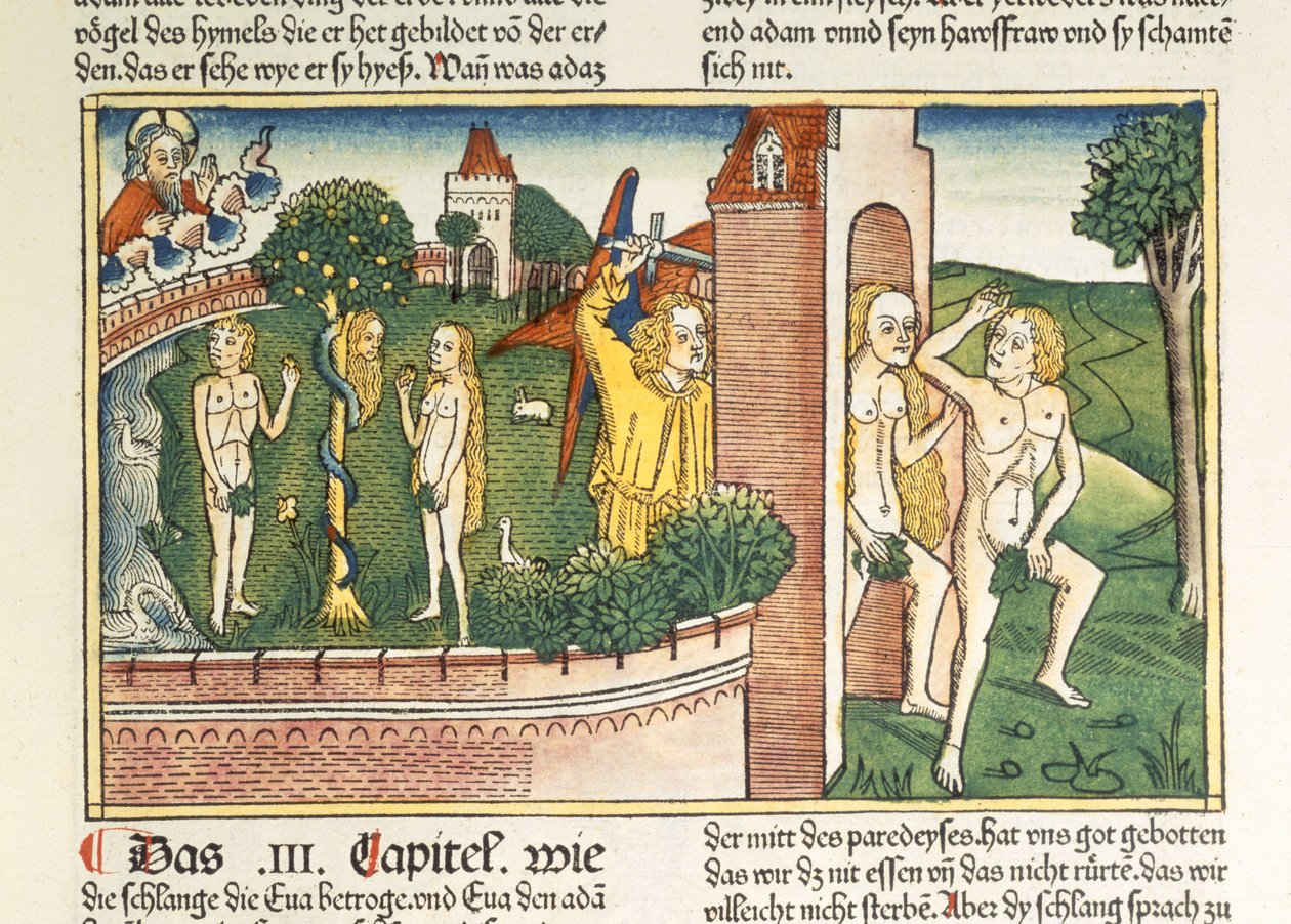 Die Versuchung und die Vertreibung aus dem Paradies, aus der Nürnberger Bibel (Biblia Sacra Germanaica) von German School