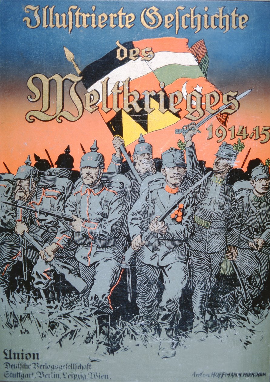 Deutsche und österreichisch-ungarische Truppen marschieren Schulter an Schulter, Titelbild des Illustrierten Buches des Weltkriegs 1914-15 von German School