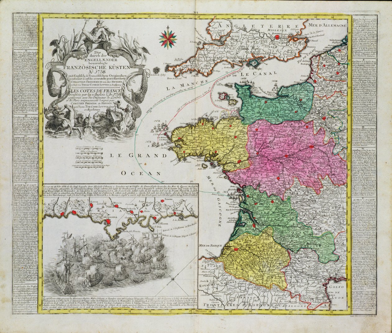 Deutsche Karte zeigt englische Angriffe auf französische Häfen im Jahr 1758 von German School