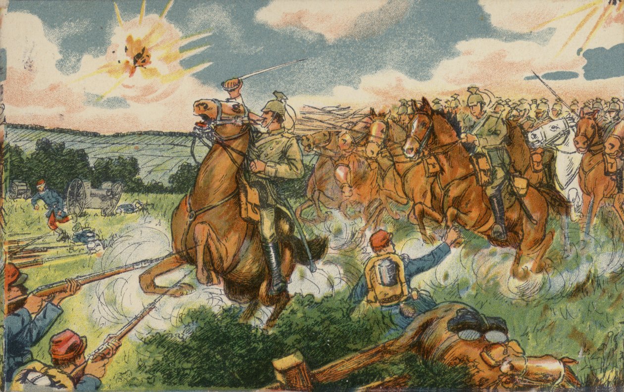 Deutsche Kavallerie unter dem Kommando von Kronprinz Wilhelm greift französische Truppen in der Nähe von Longwy, Frankreich, Erster Weltkrieg an von German School