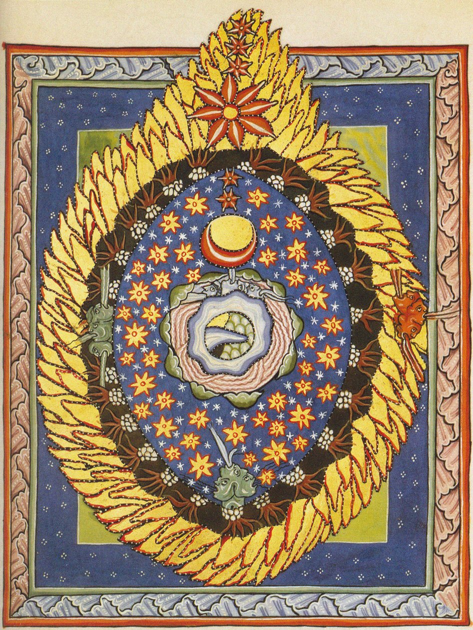Gott, Kosmos und Menschheit. Miniatur aus Liber Scivias von Hildegard von Bingen, ca. 1175 von German School