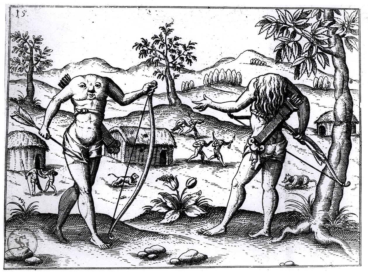 Kopfloser Männer und Frauen, Illustration aus Sir Walter Raleighs Bericht über Guyana, veröffentlicht in Nürnberg, 1599 von German School