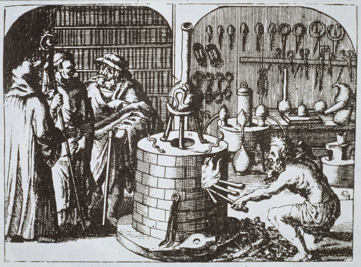 Hermetische Philosophen und ein Alchemist, aus Museum Hermeticum von Michael Majer (1625) illustriert in einer Geschichte der Magie, veröffentlicht Ende des 19. Jahrhunderts von German School