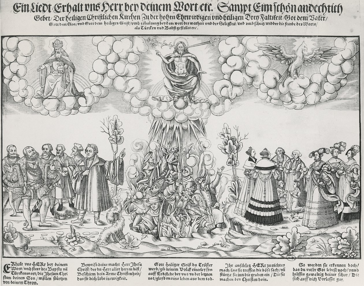 Illustration des Liedes von Martin Luther, das um Gottes Hilfe gegen das tödliche Werk des Papstes bittet von German School