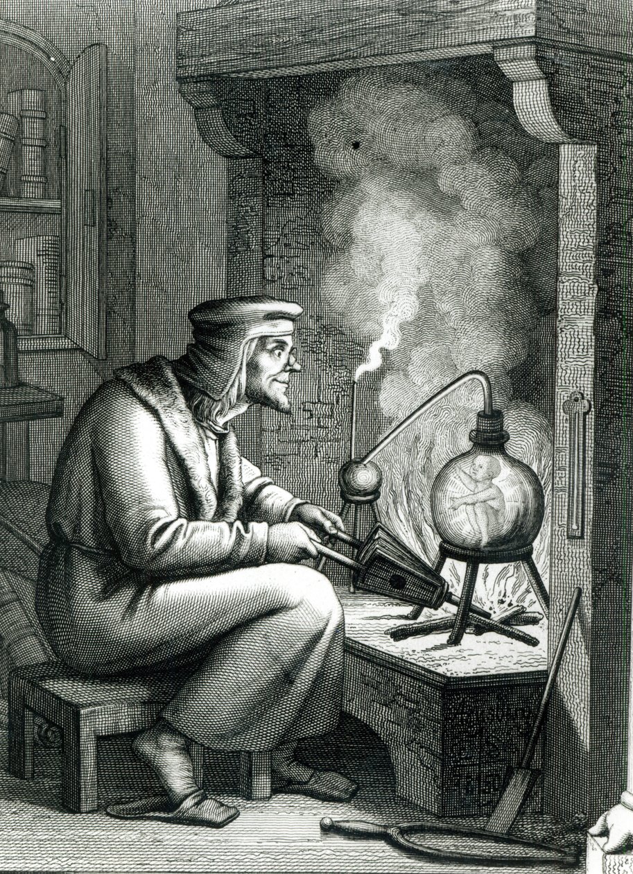 Illustration aus Goethes Faust, die Mephistopheles zeigt, wie er einen Homunkulus erschafft, 1854 von German School
