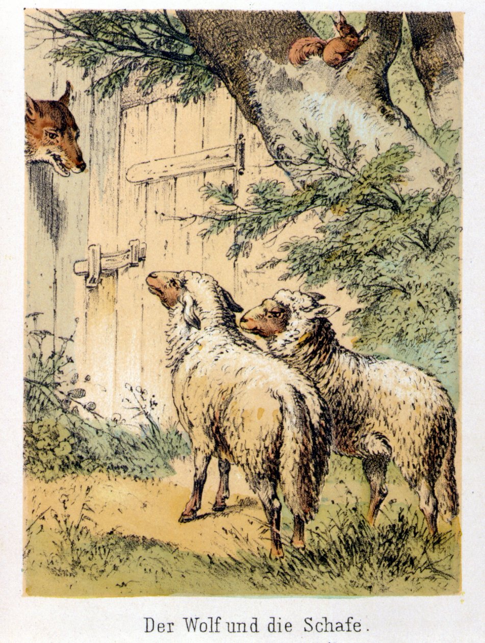 Illustration von Franz Hoffmanns Erzählungen „Märchen und Fabeln - Der Wolf und das Schaf“: Ein Wolf spricht mit den beiden Schafen. Chromolithographie des 19. Jahrhunderts von German School