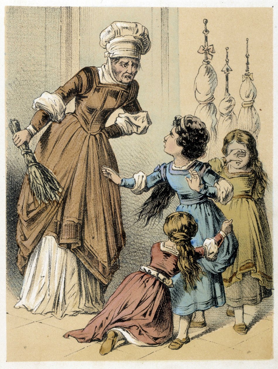 Illustration von Franz Hoffmanns Märchen „Tales et Fables - Les 3 Gifts“: Eine Frau misshandelt die 3 Mädchen. Chromolithographie des 19. Jahrhunderts. von German School
