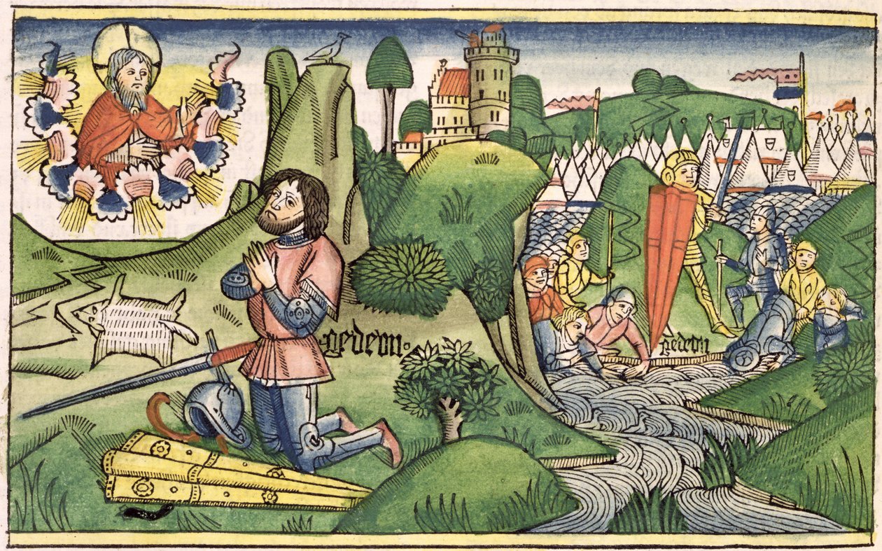 Richter 6:36 Gideon legt das Vlies aus, aus der Nürnberger Bibel (Biblia Sacra Germanaica) von German School