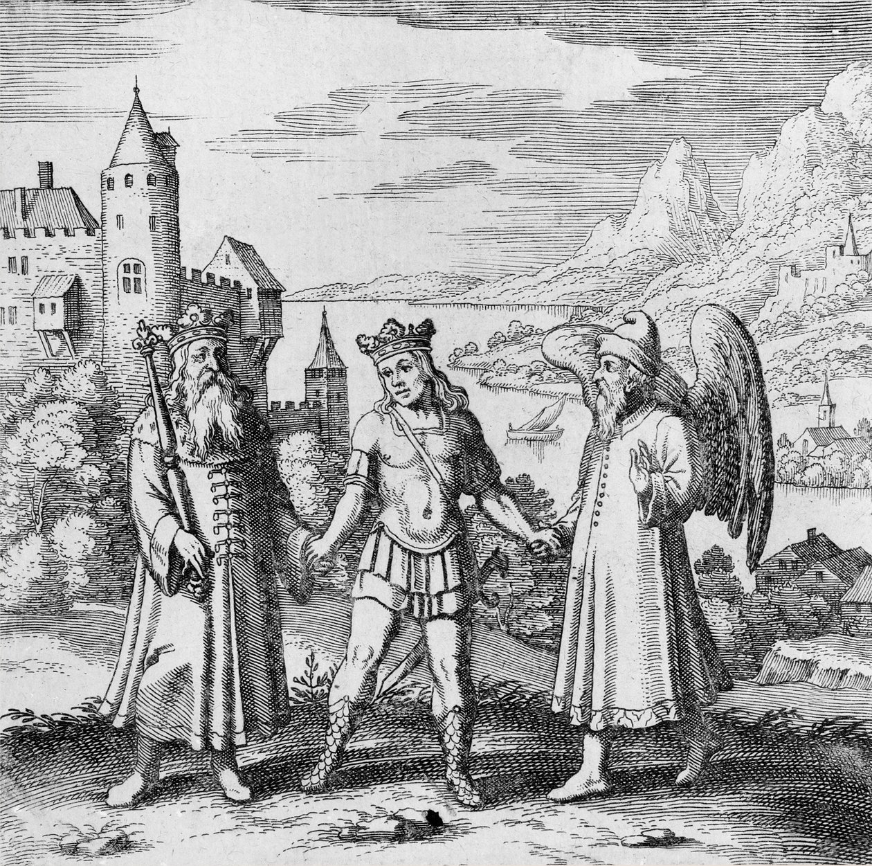 König und gesunder Geist führen den Prinzen aus Musaeum Hermeticum von German School