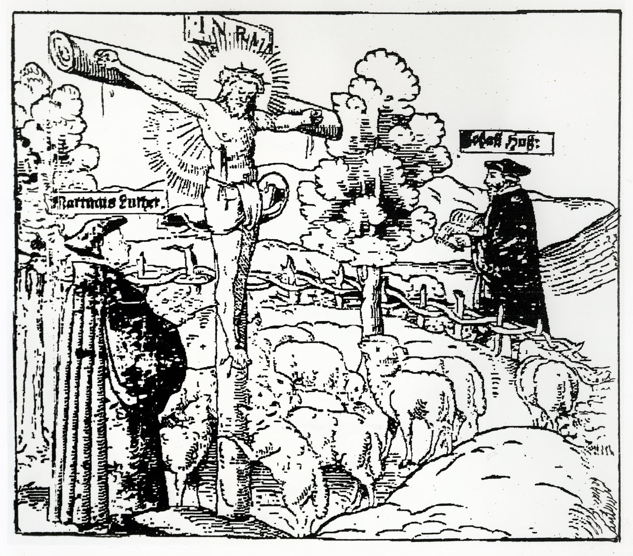 Luther (1483-1546) und Hus (1369-1415) mit Christus im Schafstall, ca. 1520-21 von German School