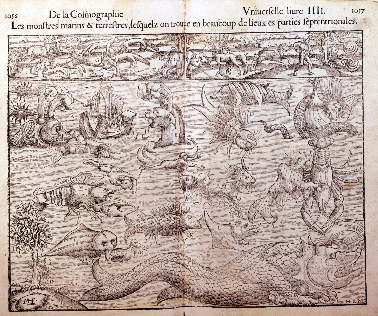 Tafel, die alle Arten von Meeres- und Landmonstern darstellt, die in nördlichen Regionen gefunden wurden: Xylographie aus Sebastien Münsters „Universal Cosmography“. Basel von German School