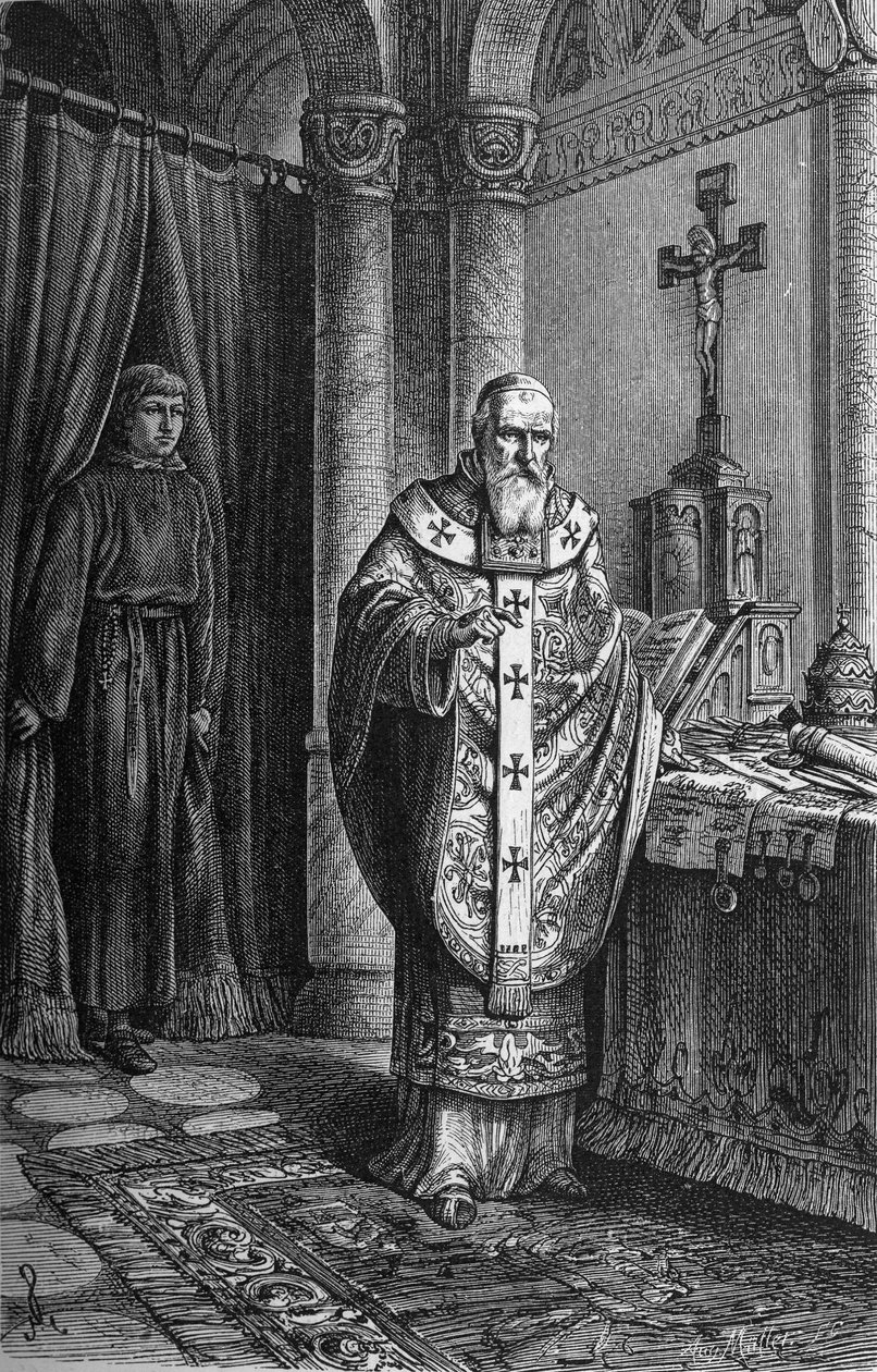 Papst Clemens IV. (Gui Foucois oder Coots oder Foucault, Ende des 12. Jahrhunderts-1268). Gravur in „Kaiser, König und Papst“ von Richard Roth von German School