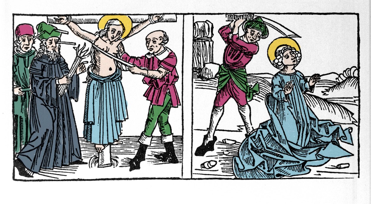 Darstellung des Martyriums der heiligen Seraphia (Serapia) (Seraphia von Syrien), Christin des 2. Jahrhunderts. Gravur aus „Leben der Heiligen - Sommerteil“ (Das Buch der Heiligen) von Jacobus (Jakob) von Voragine (1228-1298). Lübeck 1488. von German School