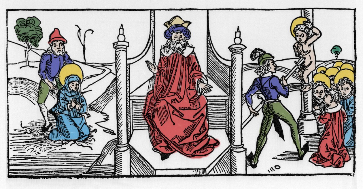 Darstellung des Martyriums der heiligen Symphorosa, einer Christin des 2. Jahrhunderts, und ihrer sieben Söhne, unter der Herrschaft von Kaiser Hadrian. Gravur aus „Leben der Heiligen - Sommerteil“ von Jacobus (James) von Voragine (1228-1298) von German School