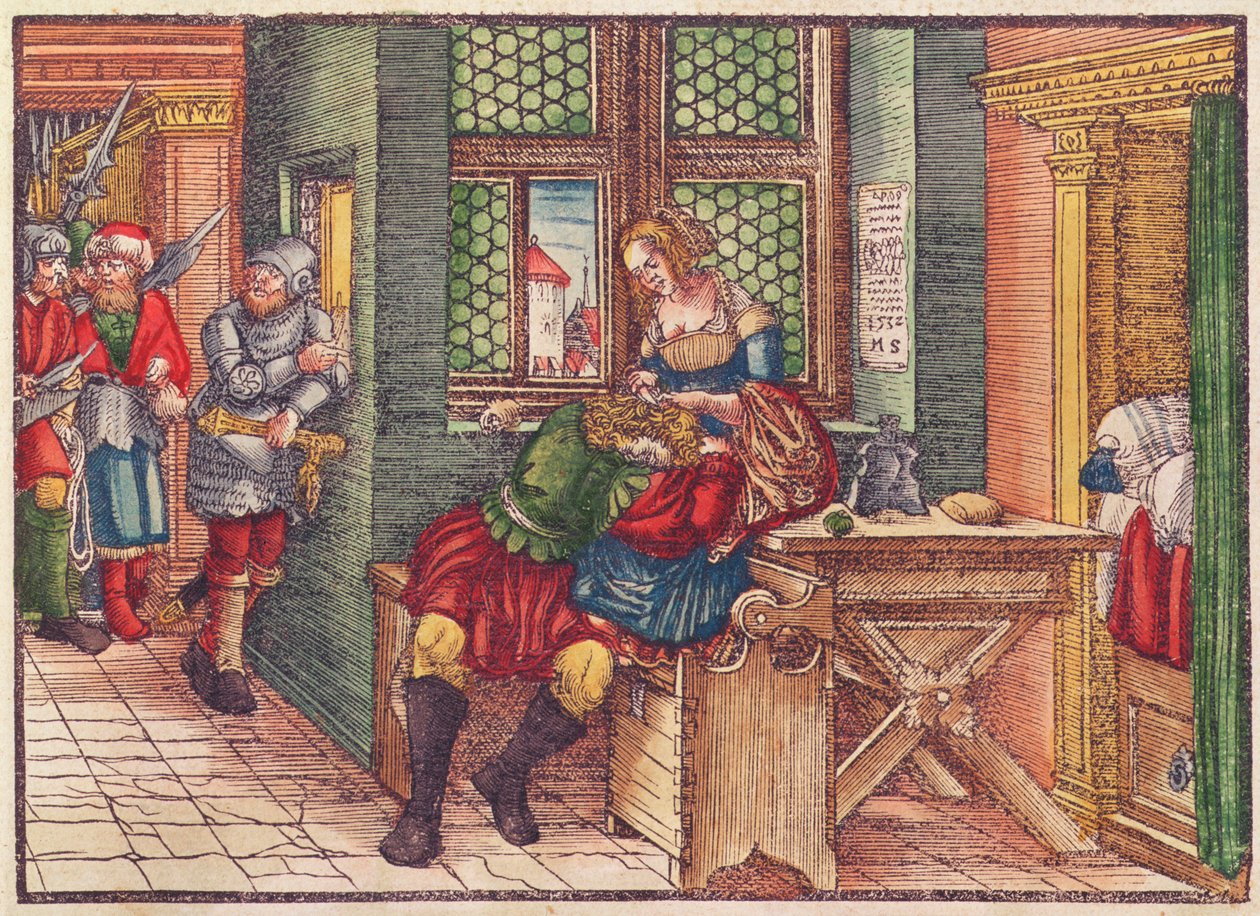 Samson und Delilah, aus der Lutherbibel, ca. 1530 (kolorierter Holzschnitt) von German School