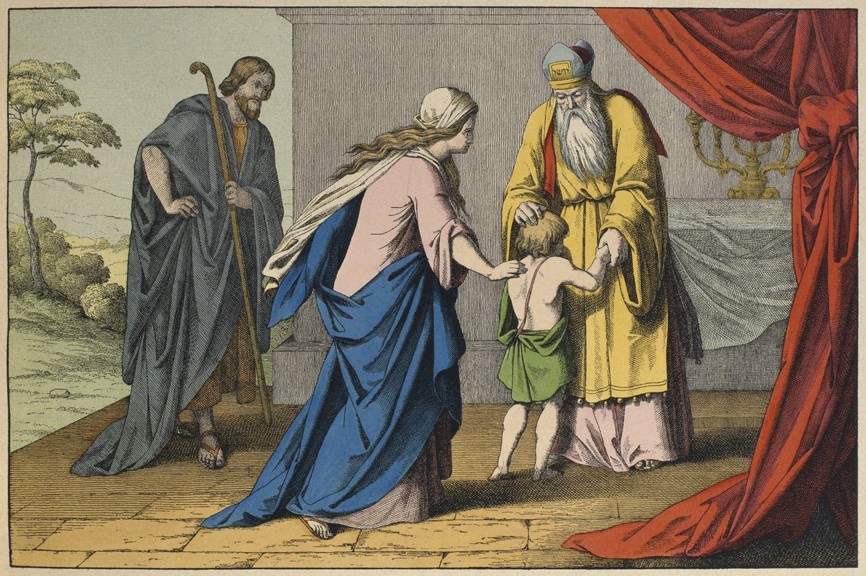 Samuel und Eli, Illustration aus dem Alten Testament, veröffentlicht von Jakob Ferdinand Schreiber, Esslingen (Farbstich) von German School