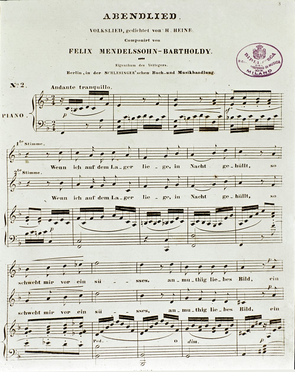 Partiturseite von Abendlied von Felix Mendelssohn von German School