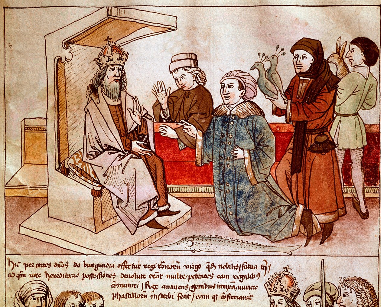 Sigismund I. von Luxemburg (1368-1437), Kaiser des Heiligen Römischen Reiches, empfängt den Tribut der unterworfenen Völker. Miniatur aus „Chroniken des Konzils von Konstanz“ von Ulrich Richental (1360-1437) um 1438, Prag, Nationalbibliothek von German School