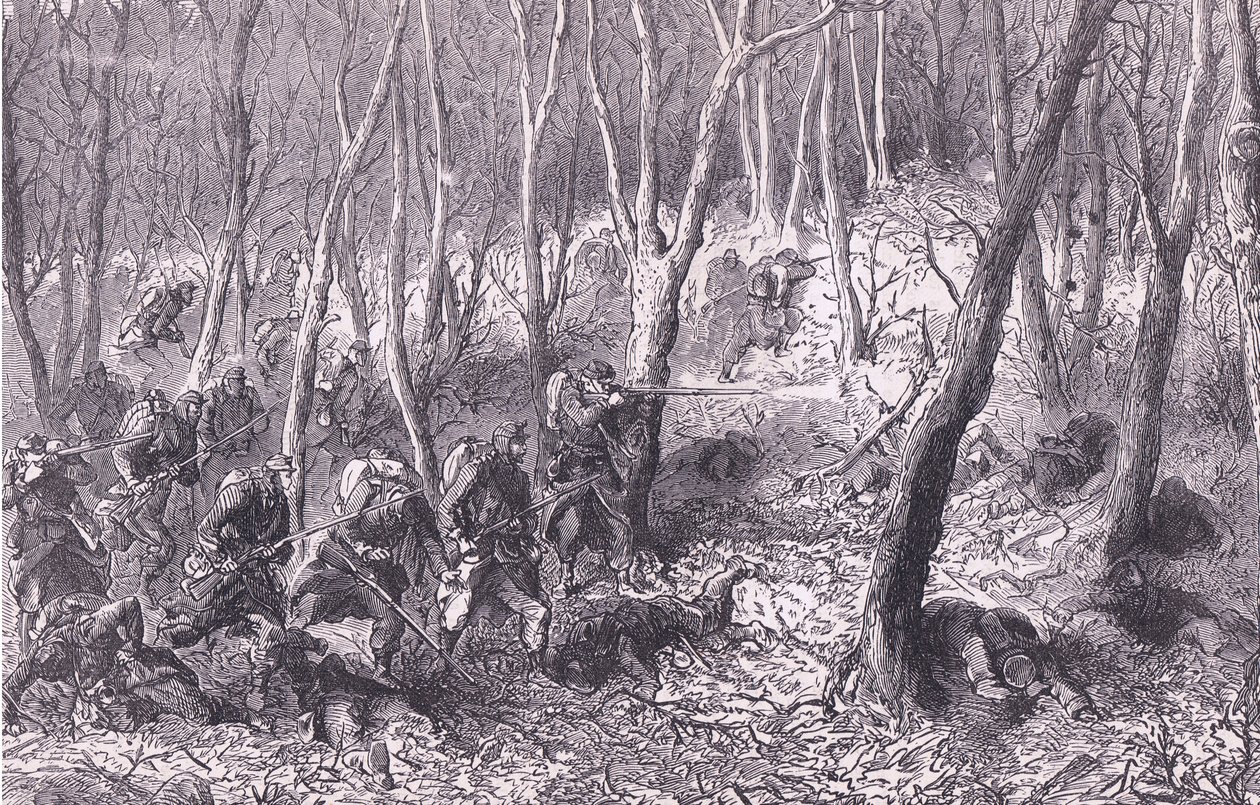 Scharmützel im Wald außerhalb von Paris, Cassells Geschichte des Krieges zwischen Frankreich und Deutschland, veröffentlicht von Cassell und Company Limited, ca. 1890 von German School