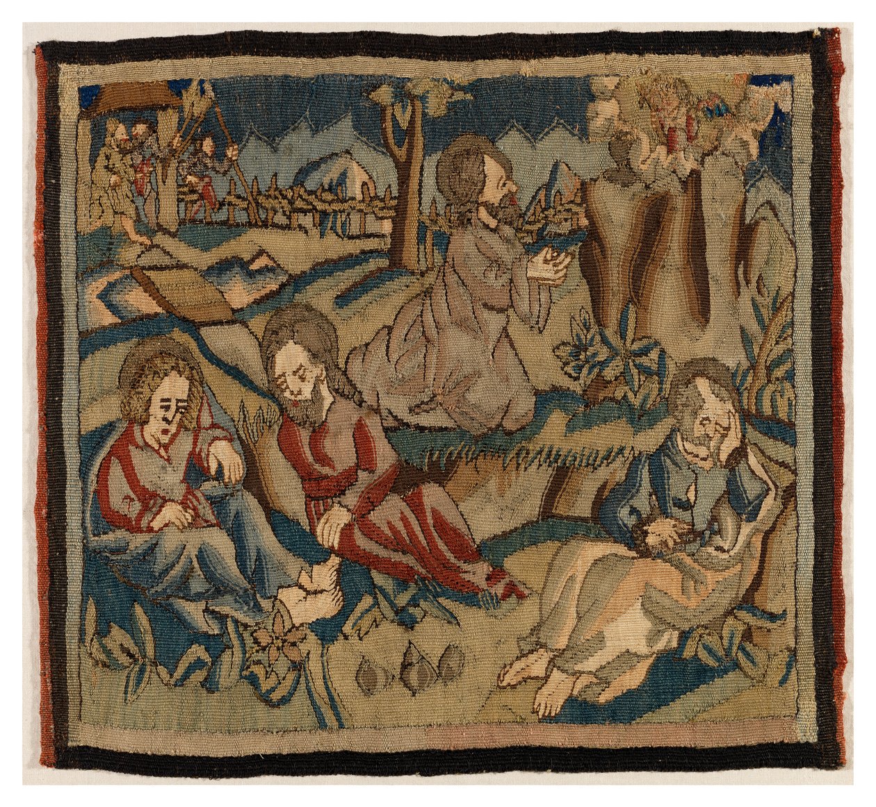 Wandteppichpanel mit Szenen aus der Passion von einem Antependium, aus dem Oberrheingebiet (Wolle & Leinen) von German School