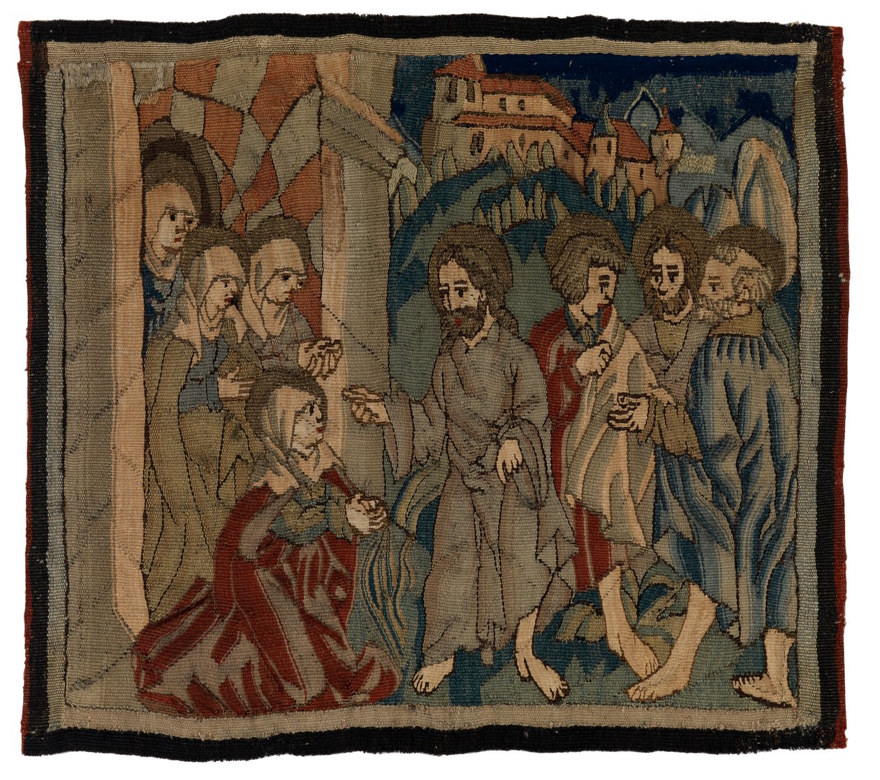 Wandteppichpanel mit Szenen aus der Passion von einem Antependium, aus dem Oberrheingebiet (Wolle & Leinen) von German School