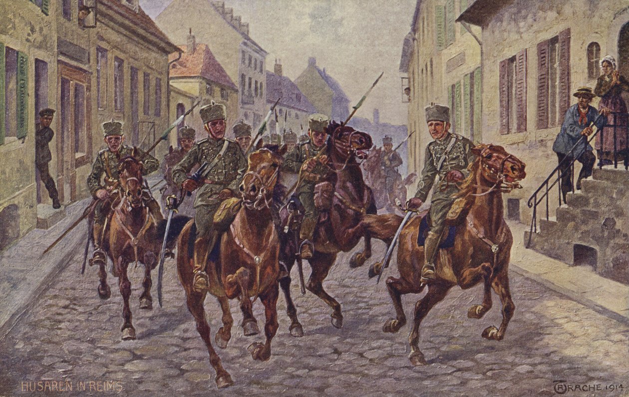 Vorübergehende Besetzung der Stadt Reims durch deutsche Husaren, Erster Weltkrieg, 9. September 1914 von German School