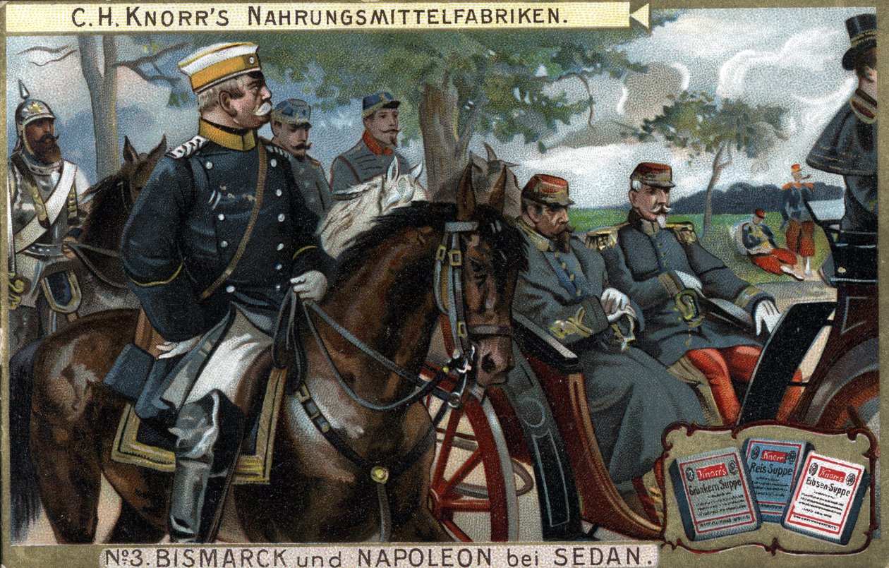 Die Schlacht von Sedan, Krieg von 1870: General Otto von Bismarck (1815-1898), König von Preußen, eskortiert Kaiser Napoleon III. (Louis Napoleon Bonaparte von German School