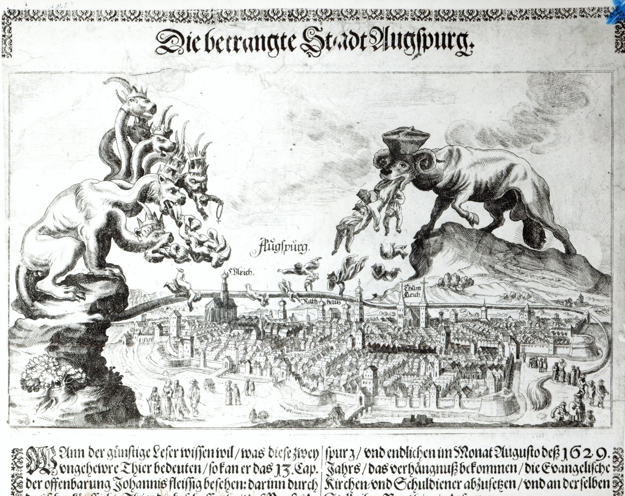 Die Stadt Augsburg gezwungen, die katholische Herrschaft 1629 zu akzeptieren (Gravur) von German School