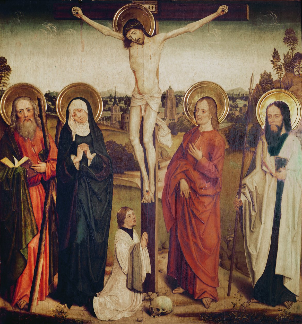 Die Kreuzigung, mit dem Heiligen Andreas, dem Heiligen Matthäus und einem Mann, der am Fuß des Kreuzes kniet von German School