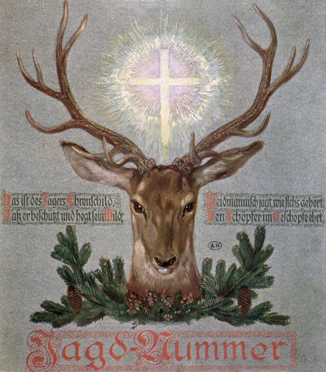 Der Hirsch des heiligen Hubertus (655-727), Titelillustration aus einer Jagdzeitschrift, 1908 von German School