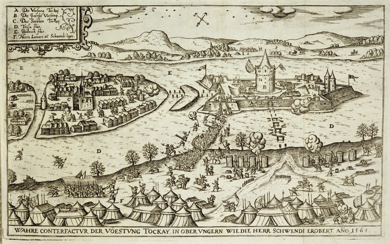 Die Stadt Tokay von den Türken zurückerobert durch Herr Schwendi im Jahr 1565, Illustration aus einem Buch über die osmanischen Feldzüge in Europa, graviert von Paul Furst (ca.1605-66) von German School
