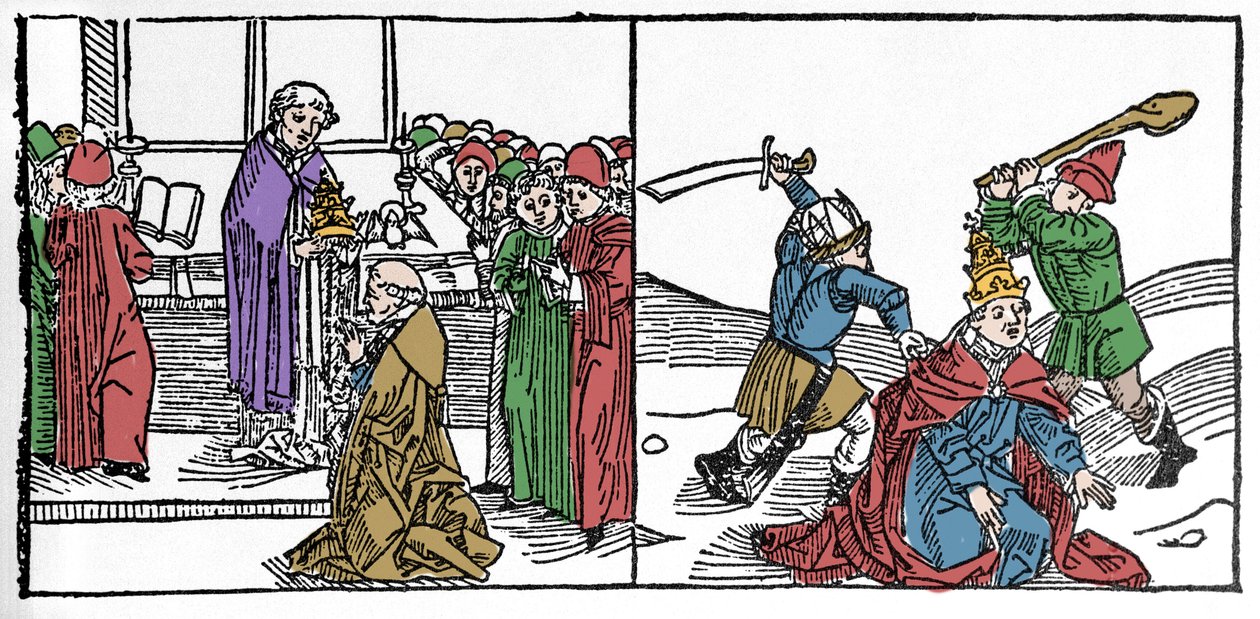 Das Martyrium des heiligen Fabian (3. Jahrhundert), Papst, gefoltert und dann enthauptet unter der Herrschaft von Kaiser Decius. Gravur aus „Leben der Heiligen - Sommerteil“ von Jacobus von Voragine. Lübeck 1488 von German School