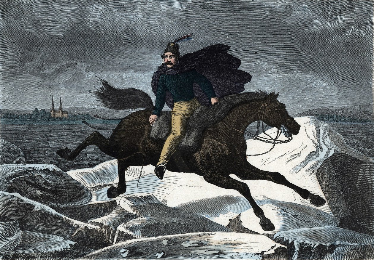 Die Geschichte von Sandor auf seinem Pferd Tartar, das auf dem Eisfluss der Donau galoppiert. In „Wenn Jemand eine Reise tut, so kann er was erzählen“, deutsche Geschichte von Franz Wiedemann von German School