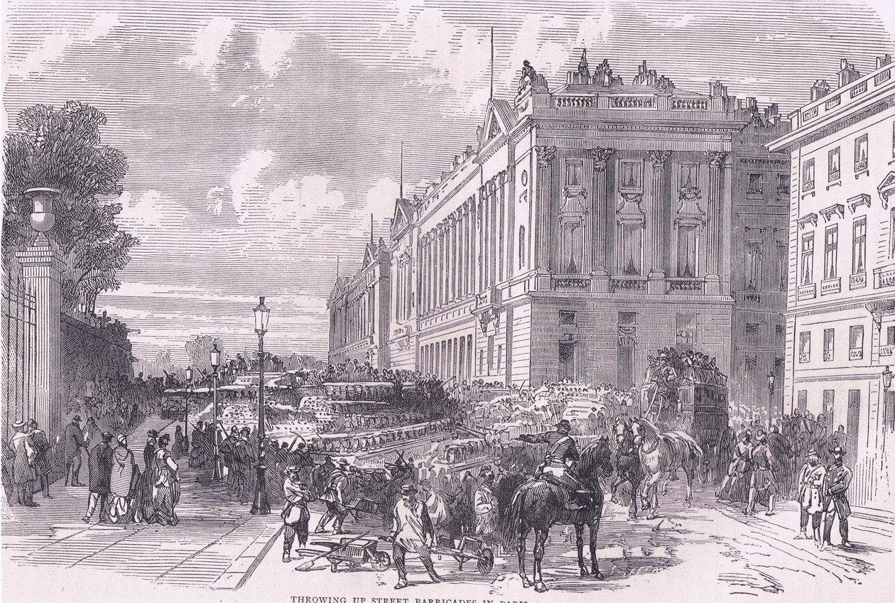 Errichtung von Straßenbarrikaden in Paris, Cassells Geschichte des Krieges zwischen Frankreich und Deutschland, veröffentlicht von Cassell and Company Limited, ca. 1890 (Lithografie) von German School