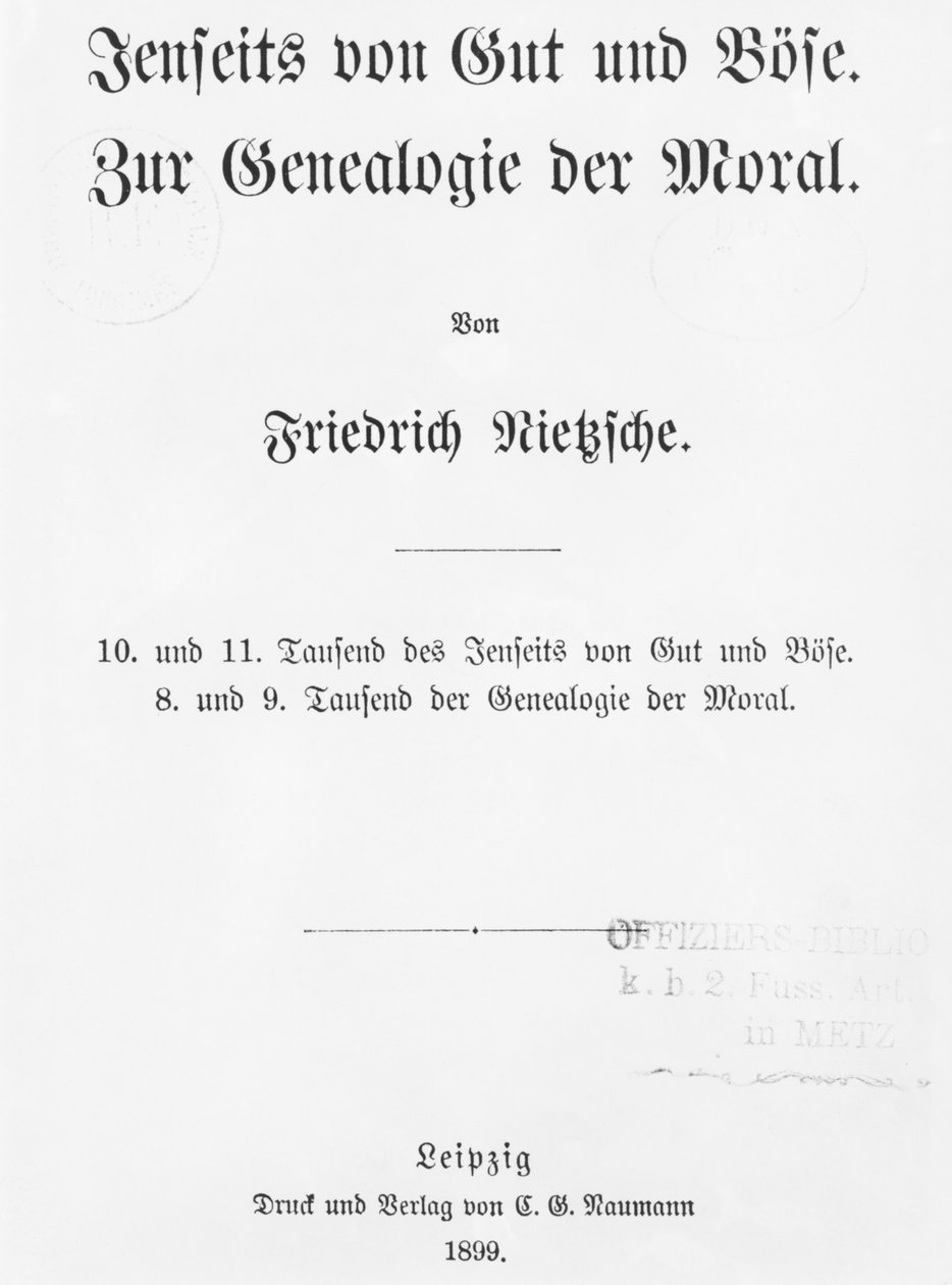 Titelseite von Jenseits von Gut und Böse und Zur Genealogie der Moral von Friedrich Wilhelm Nietzsche, veröffentlicht von Naumann, Leipzig, 1899 von German School