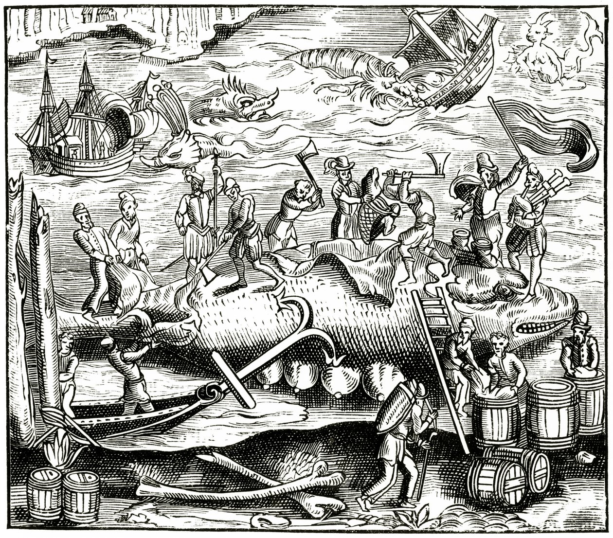 Walfang, nach einem Holzschnitt in Cosmographie Universelle von Munster, veröffentlicht 1552 von German School