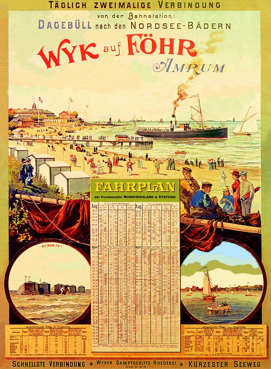 Wyk auf Föhr, Plakat zur Werbung für die Wyker Dampfschifffahrtsgesellschaft, 1897 von German School