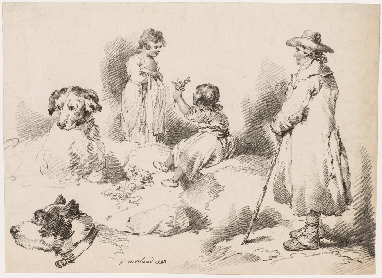 Studien von Kindern, zwei kleine Mädchen, zwei Hunde, ein Mann, 1793 von Gerrard Street J. Harris Soho