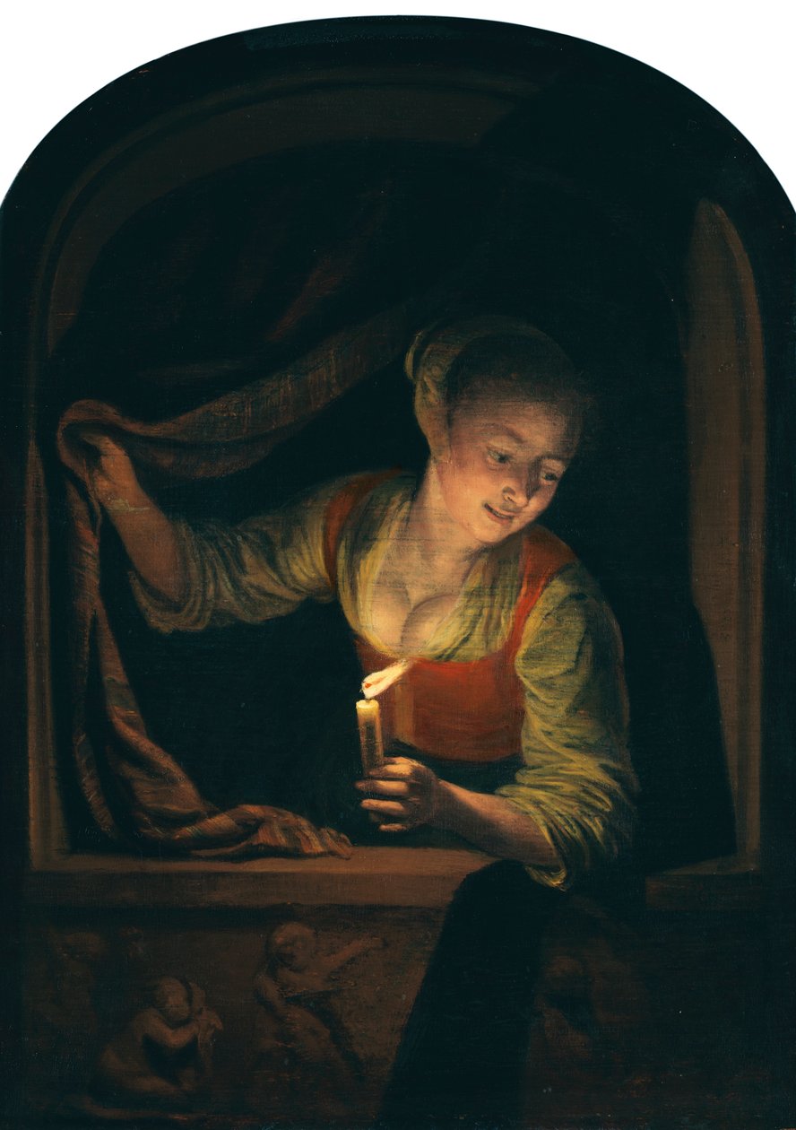 Junge Frau mit Kerze am Fenster von Gerrit Dou