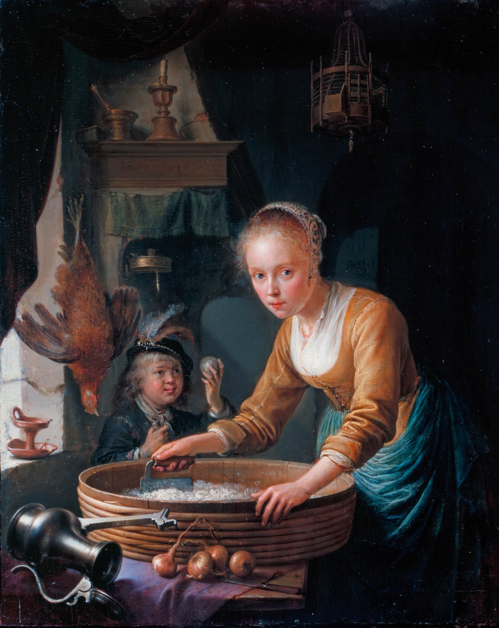 Mädchen, das Zwiebeln hackt von Gerrit Dou