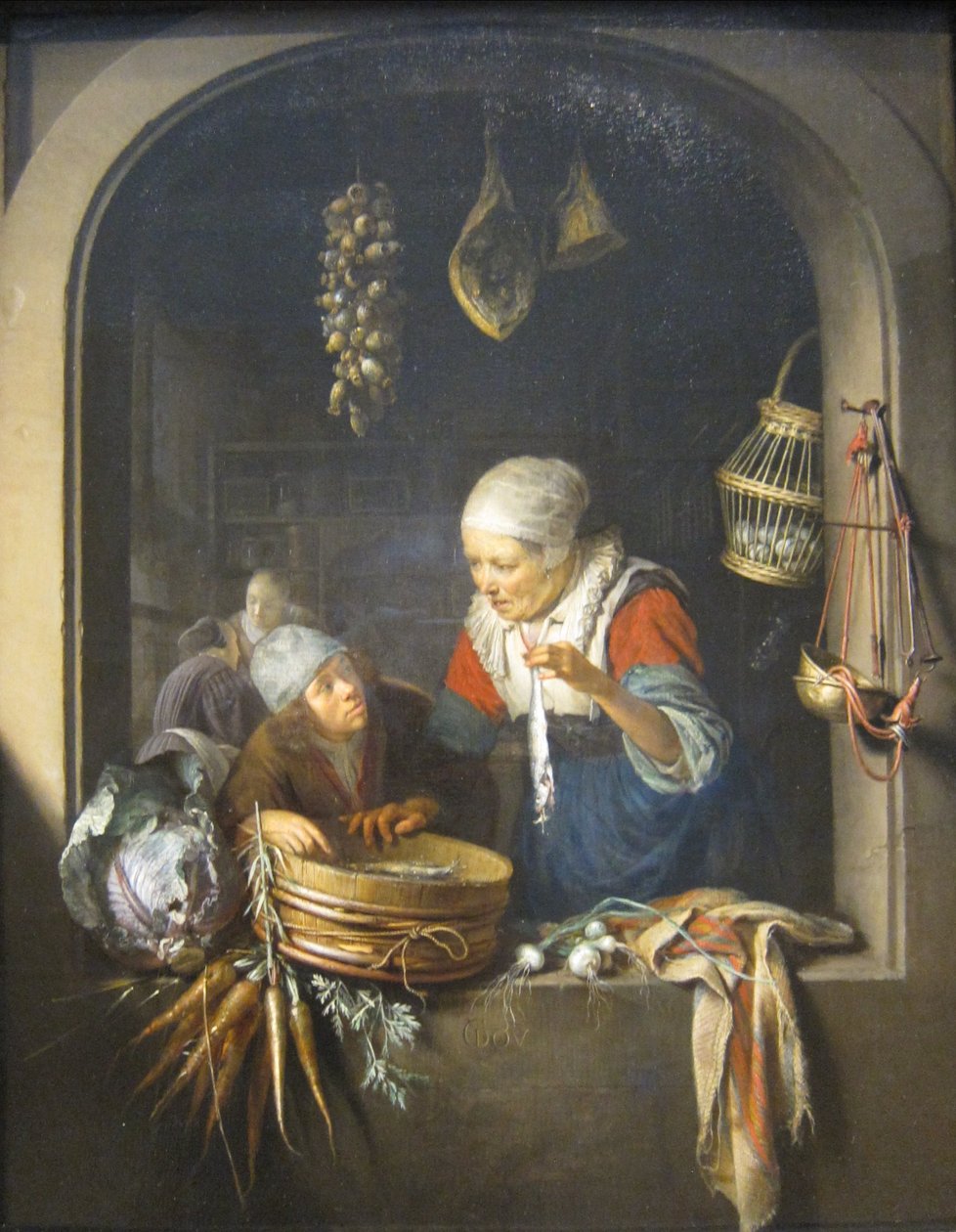 Heringsverkäufer und Junge von Gerrit Dou