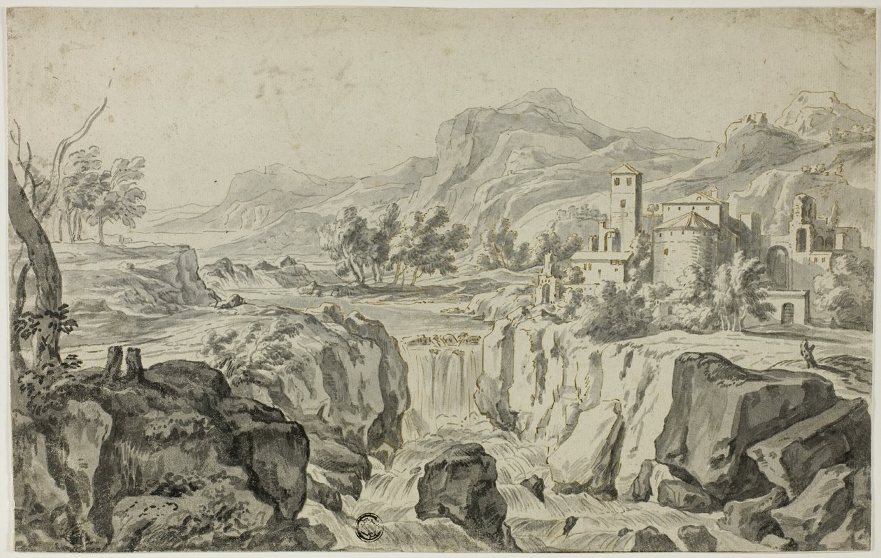 Italienische Landschaft mit Wasserfall und Gebäuden von Gerrit Rademaker