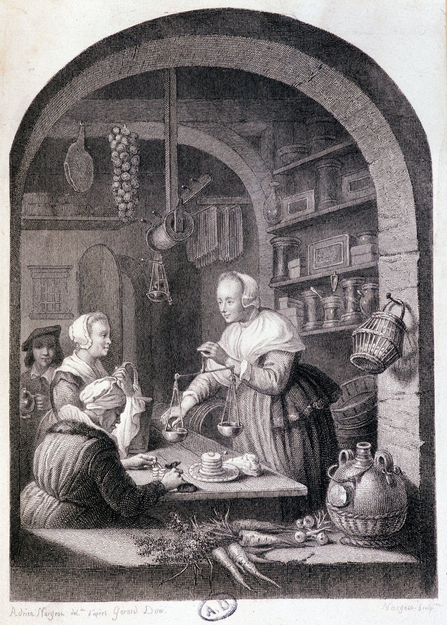 Dorfladenbesitzer wiegt mit einer Waage. 18. Jahrhundert von Gerrit or Gerard (after) Dou