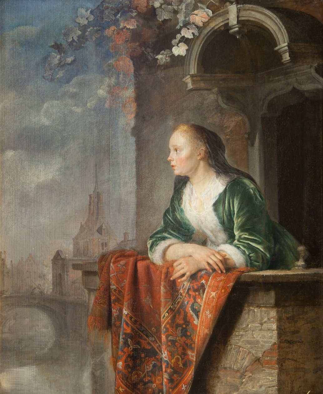 Junge Frau auf einem Balkon von Gerrit Dou